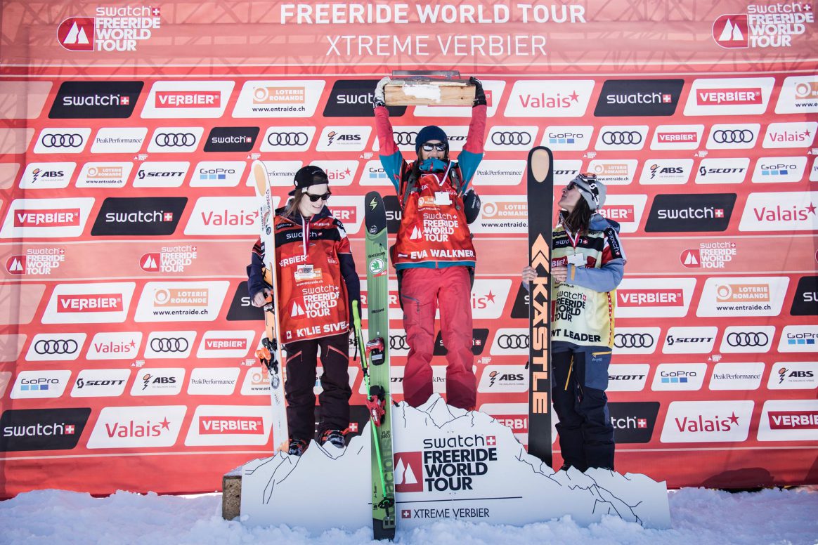Freeride World Tour Verbier Xtreme Podium Women 1st place Eva Walkner, 2nd place Kylie Sivell, 3rd place Lorraine Huber