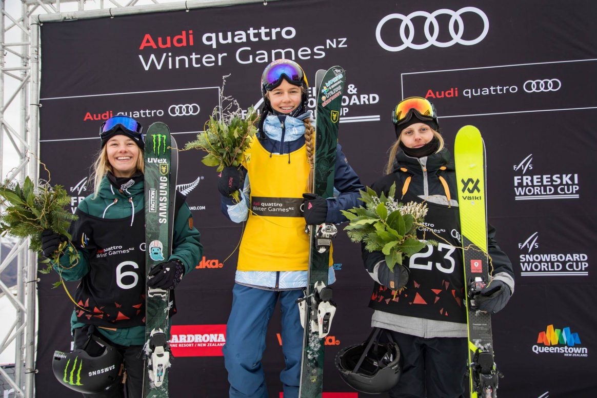 Winter Games NZ Women Podium Kelly Sildaru, Giulia Tanno, Jennie-Lee Burmansson