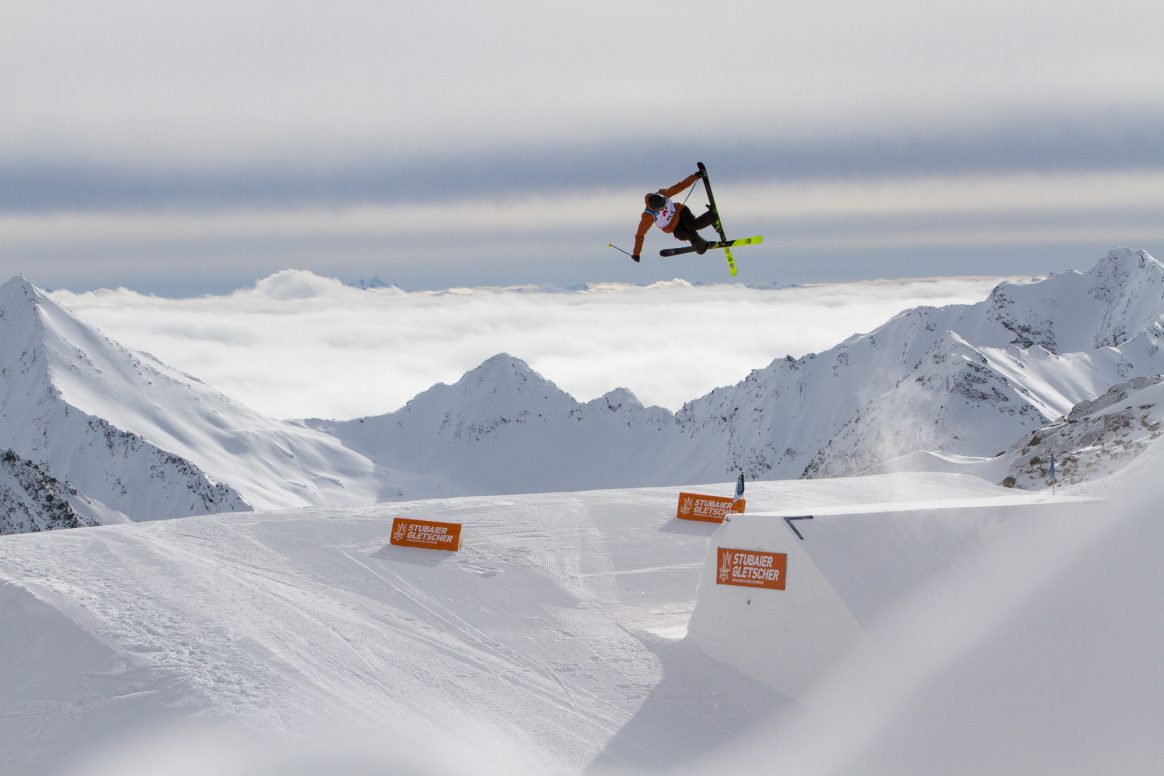 Andri Ragettli competes in the finals of the Freeski World Cup Slopestyle at the Stubai Glacier in Austria.