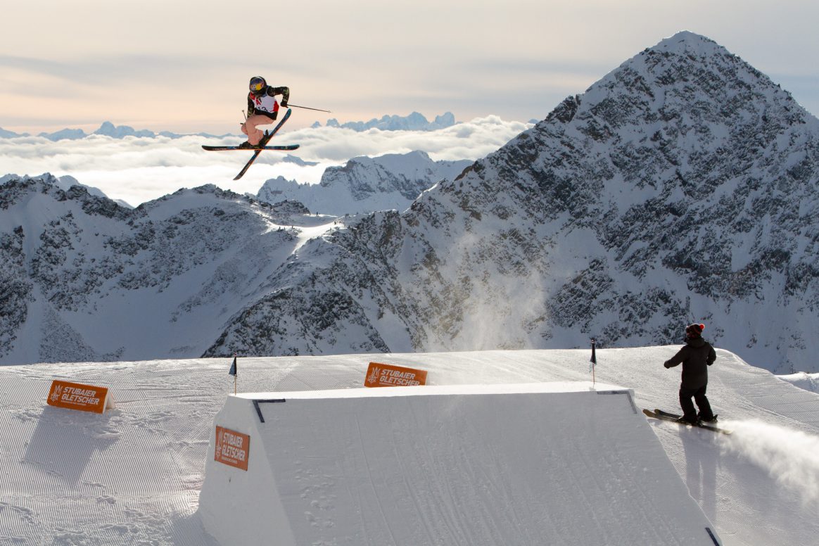 Kelly Sildaru competes in the 2018 Freeski World Cup Slopestyle on the Stubai Glacier in Austria.
