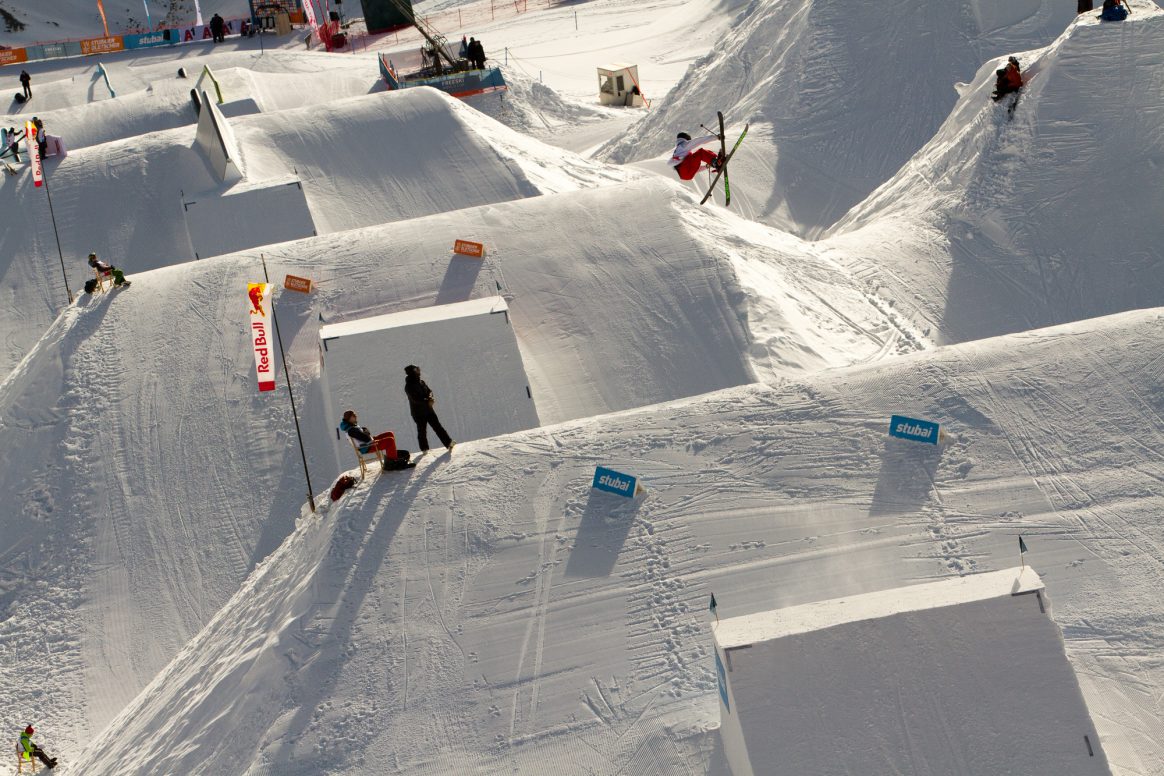Patrick Dew of Canada competes in the finals of the 2018 Freeski World Cup Slopestyle on the Stubai Glacier in Austria.