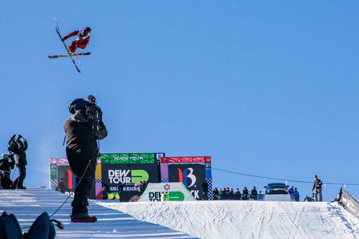 Alex Ferreira boosts a big double cork 1260 mute during the 2018 Winter Dew Tour Modified Superpipe finals
