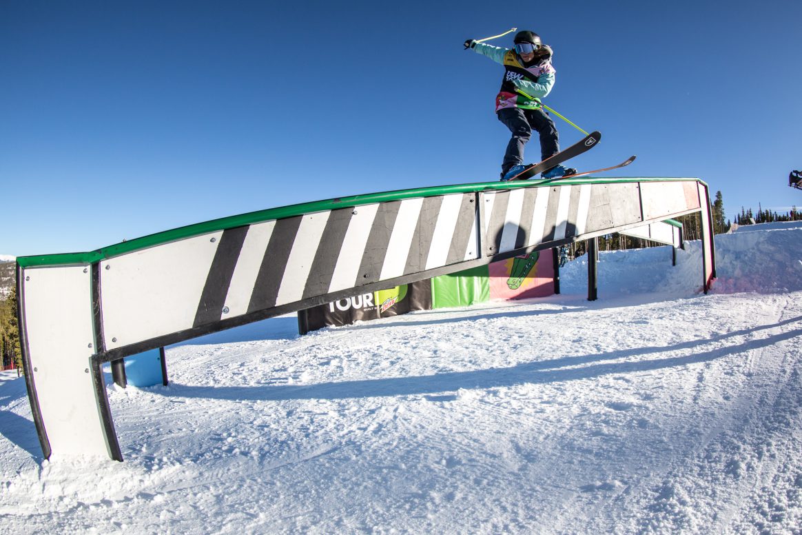 Sarah Hoefflin slides a rail at the Winter Dew Tour 2018 in Breckenridge, Colorado.