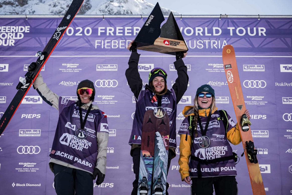 Arianna Tricomi on the podium at the Freeride World Tour. Photo: Dom Daher