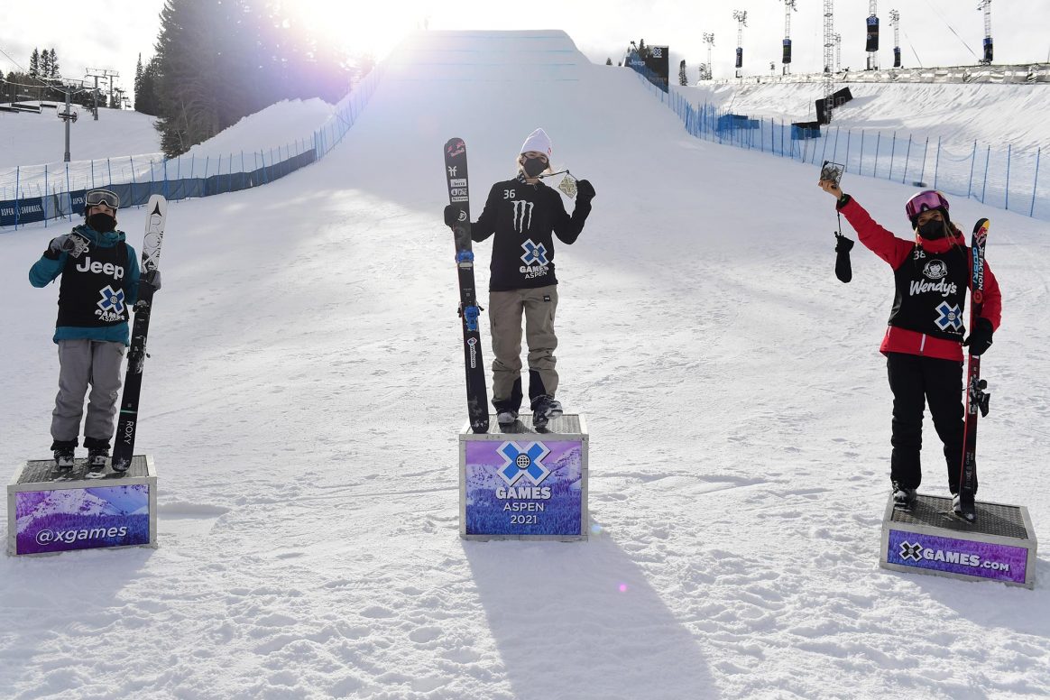 The Winter X Games 2021 Women's Ski Big Air podium: Mathilde Gremaud, Megan Oldham and Eileen Gu
