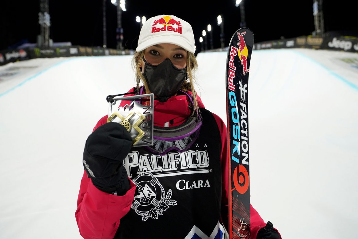Eileen Gu shows off her gold medal from the women's ski superpipe event at Winter X Games 2021 in Aspen, Colorado.