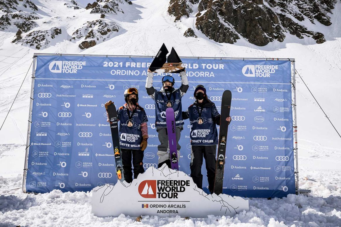 The women's ski podium at the 2021 Freeride World Tour Stop #2 in Ordino Arcalis, Andorra.