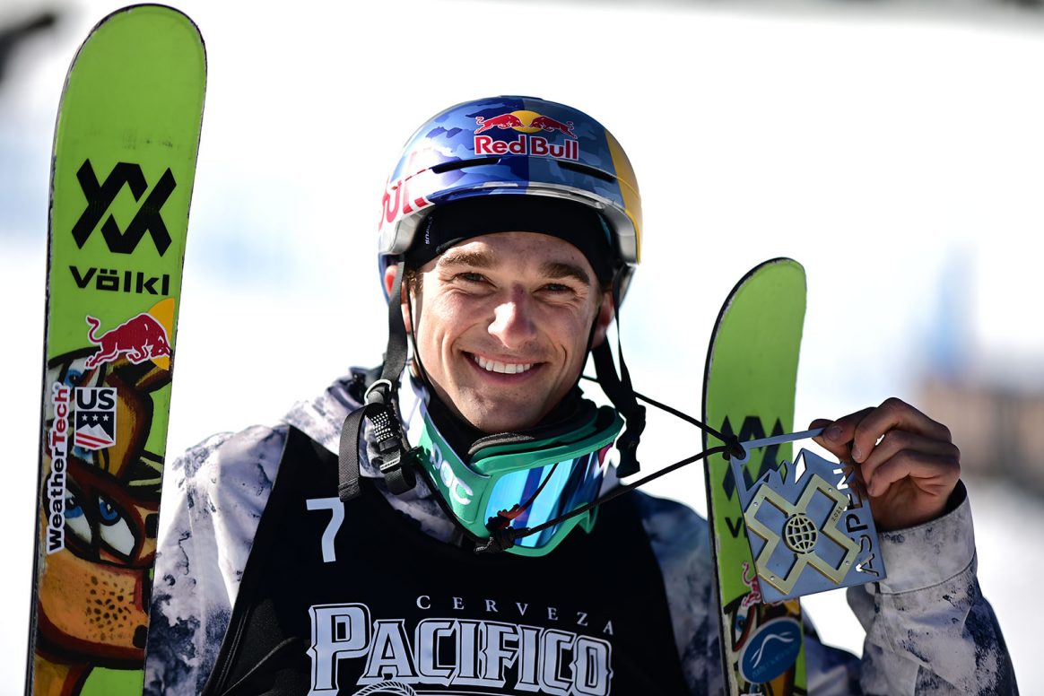 Nick Goepper holds his gold medal from Men's Ski Slopestyle at the 2021 Winter X Games in Aspen, Colorado.
