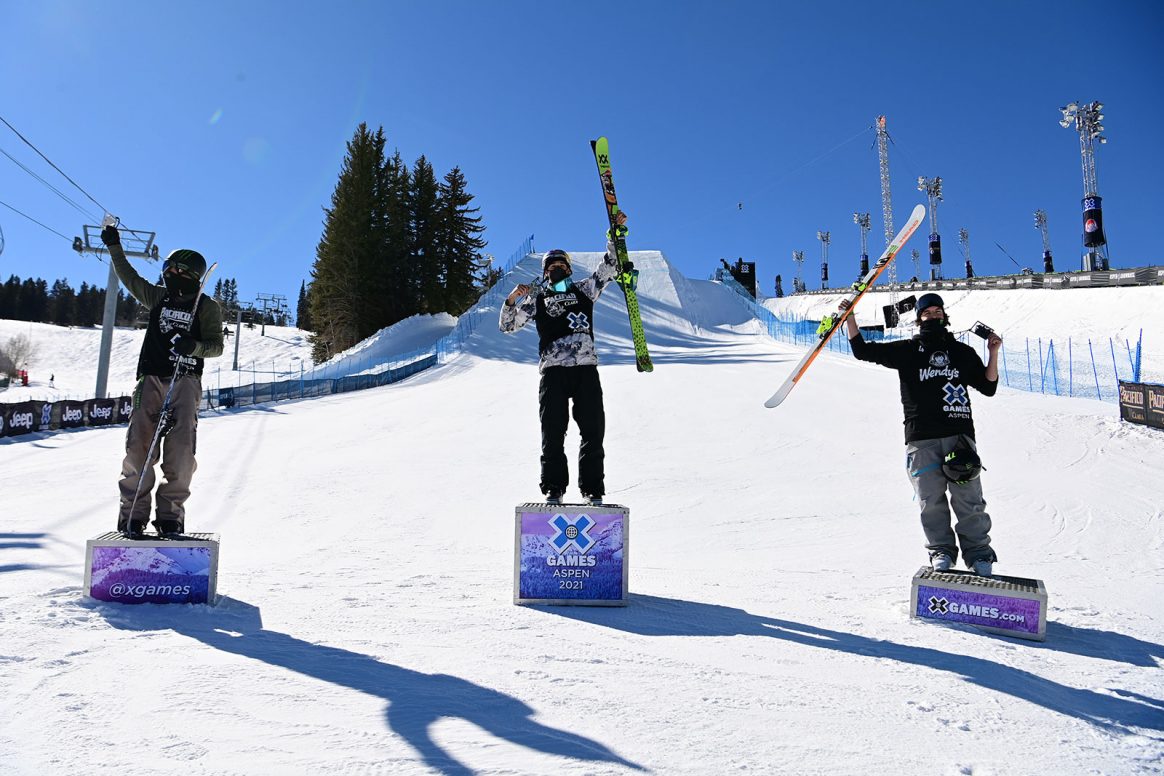 The Men's Ski Slopestyle podium (Nick Goepper, Ferdinand Dahl, Evan McEachran) at the 2021 Winter X Games in Aspen, Colorado.