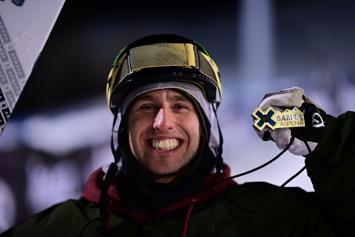 Henrik Harlaut shows off his gold knuckles from the Ski Knuckle Huck event at Winter X Games 2021 in Aspen, Colorado.