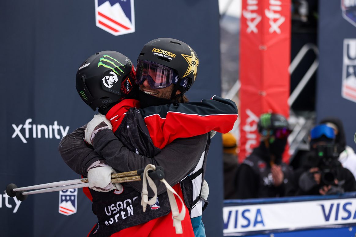 Alex Hall and Colby Stevenson celebrate at the finish of the 2021 FIS Freestyle World Championships slopestyle finals in Aspen, Colorado.