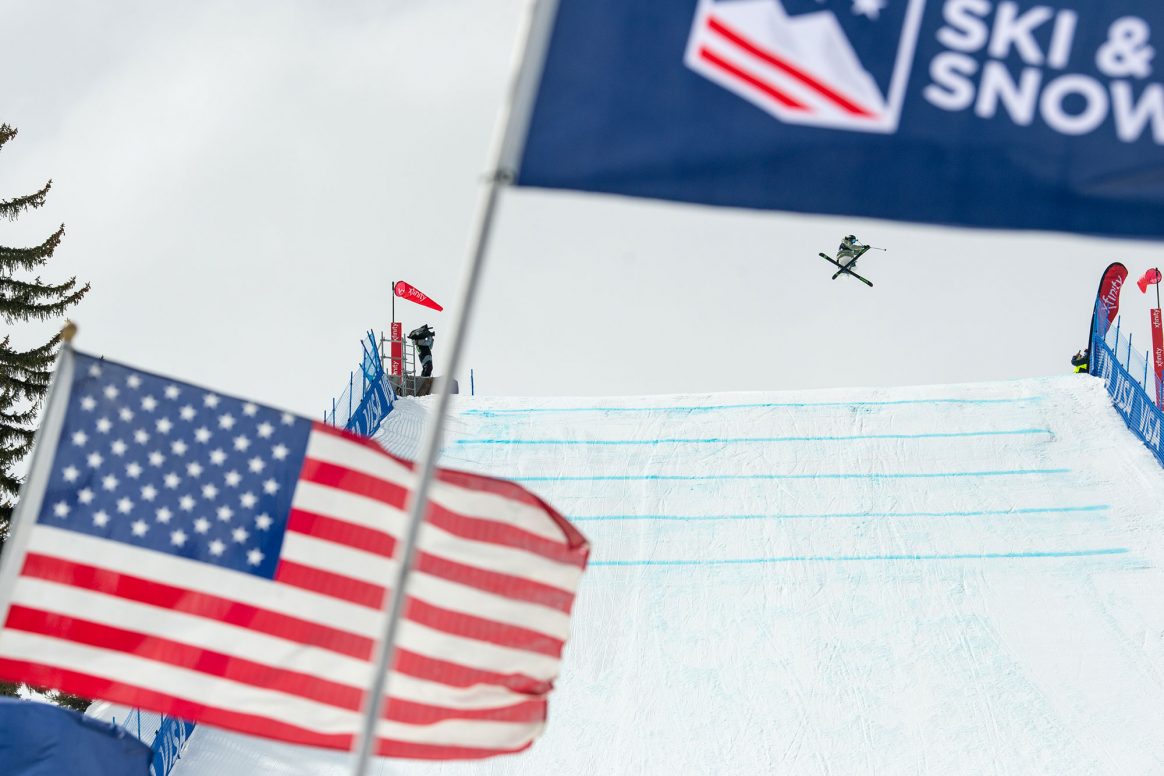 Andri Ragettli sends a double cork 16 double tail on the last jump at the the slopetyle finals of the FIS Freestyle World Championships 2021 in Aspen, Colorado.