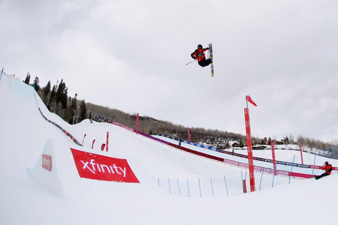 Colby Stevenson sends a left double cork 1620 stale in the slopestyle finals of the 2021 FIS Freestyle World Championships in Aspen, Colorado.