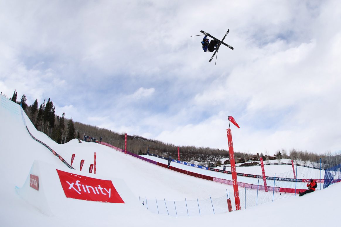 Kim Gubser sends a massive triple cork 1620 mute during the slopestyle finals of the 2021 FIS Freestyle World Championships in Aspen, Colorado.