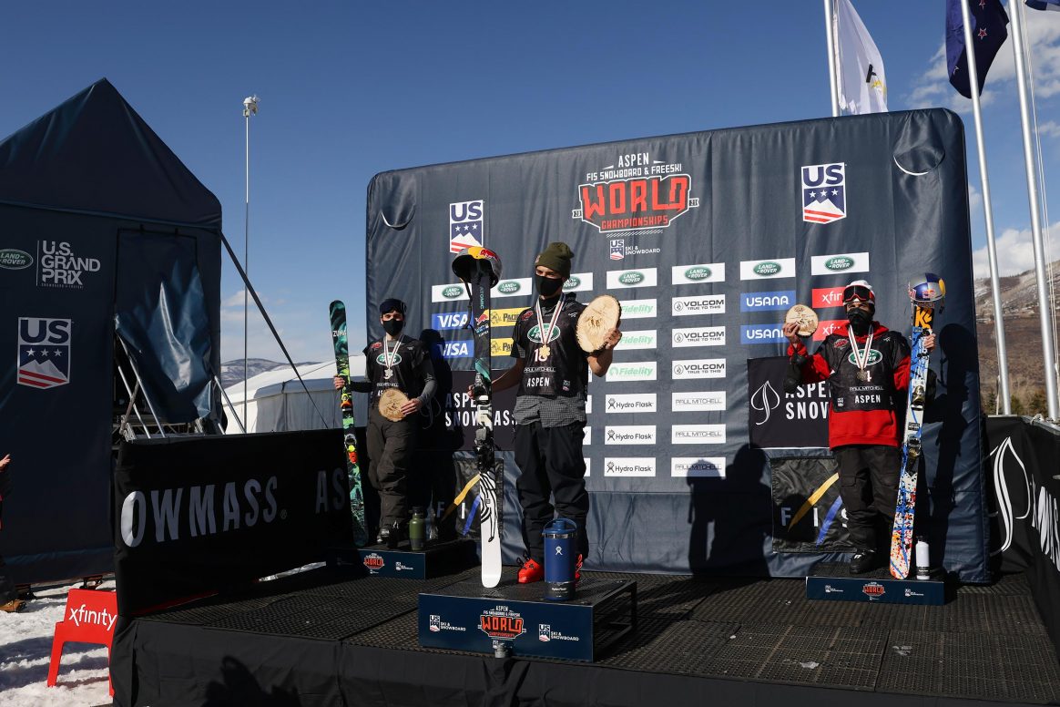 The men's podium at the 2021 FIS World Championships halfpipe finals in Aspen, Colorado