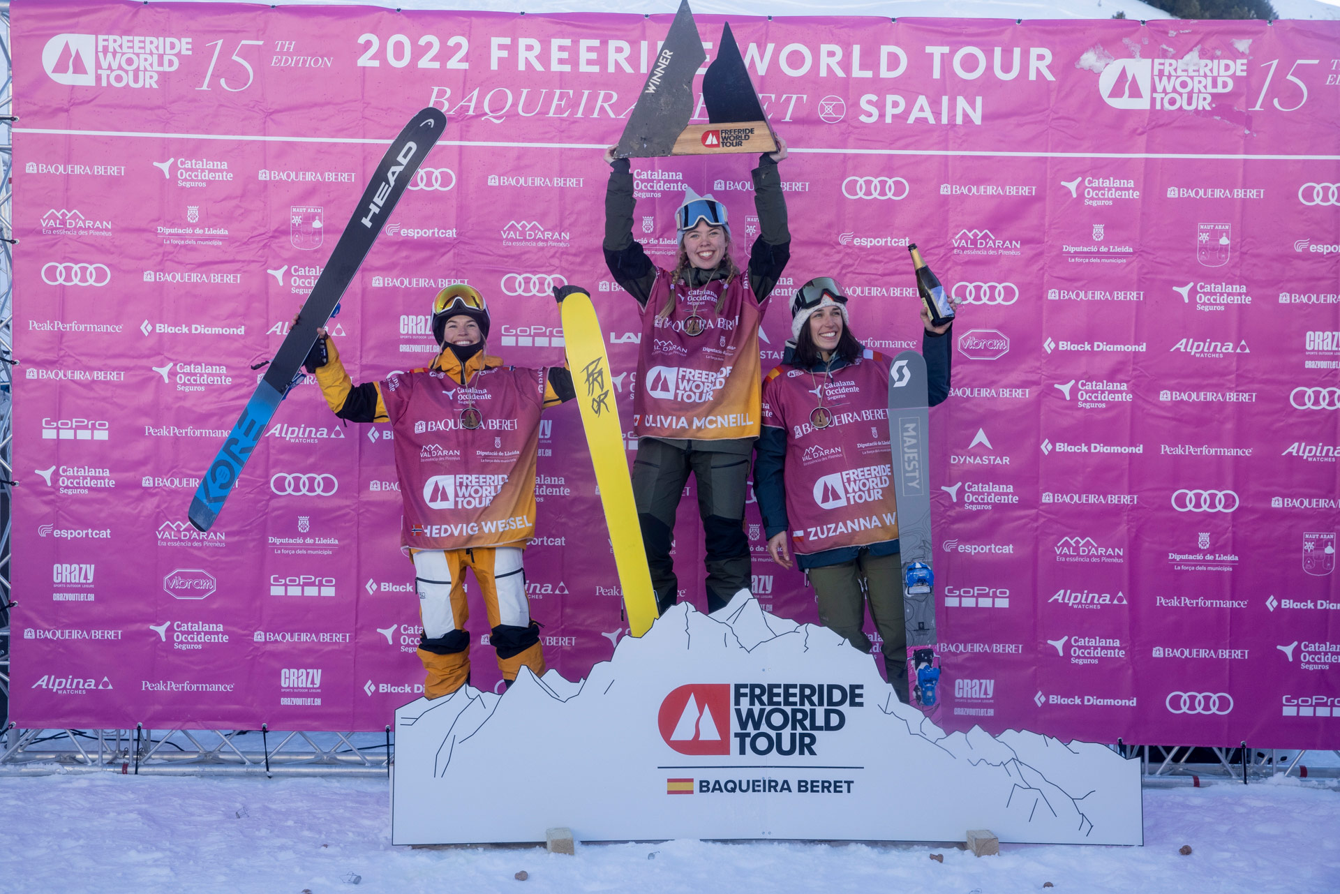 The women's ski podium at the 2022 Freeride World Tour stop in Baquiera Beret.