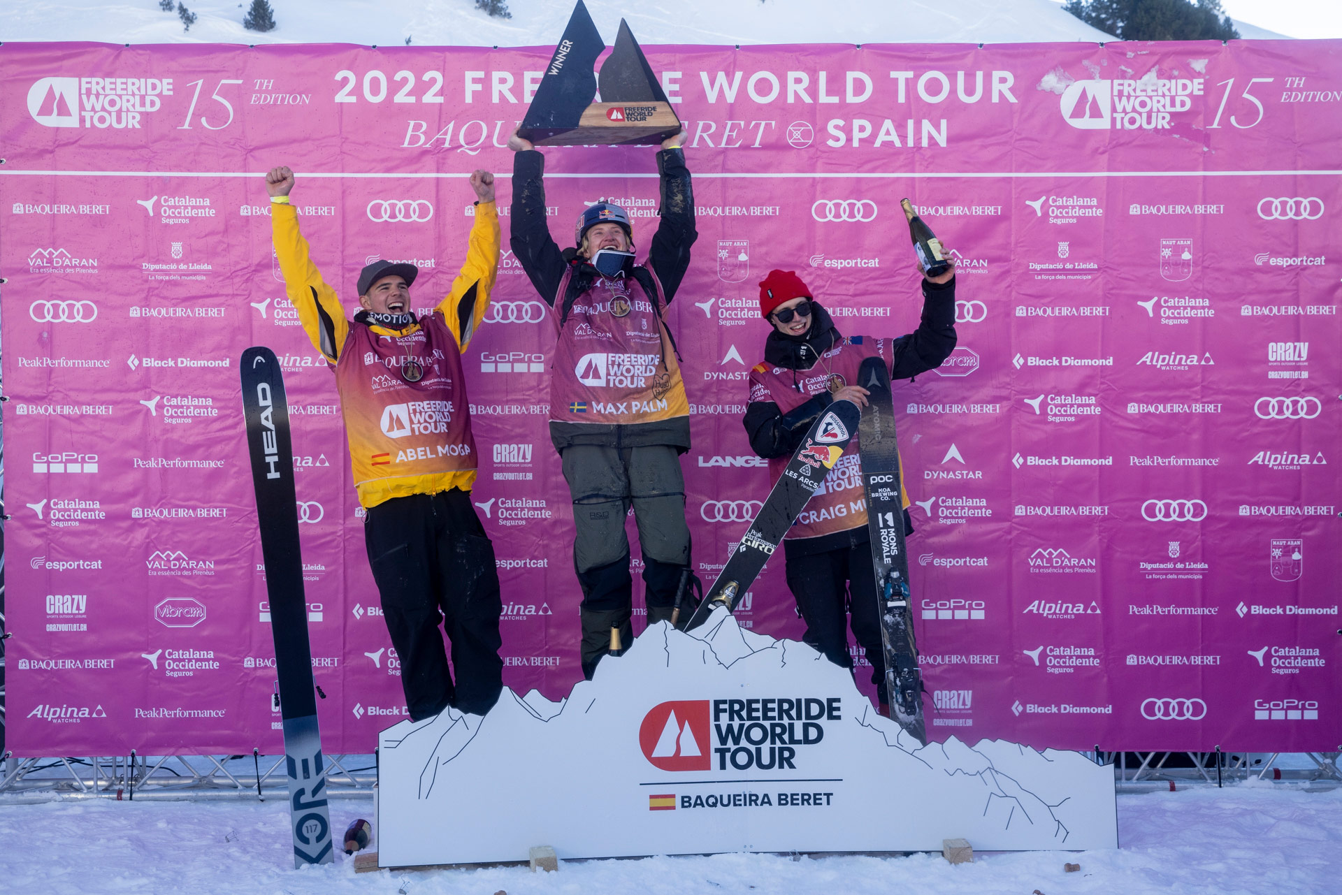 The Men's Ski podium at the 2022 Freeride World Tour event in Baqueria Beret, Spain.