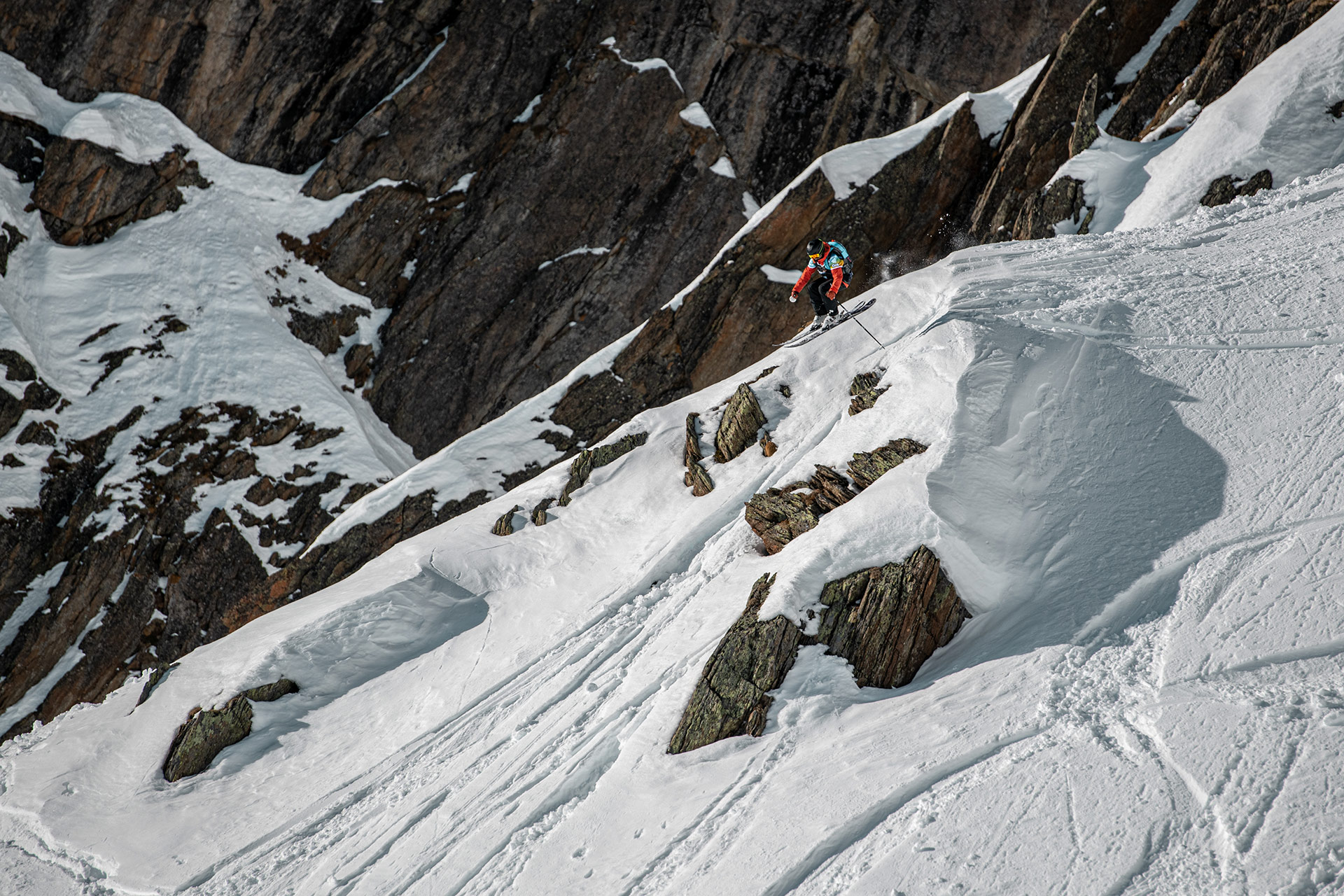 Laura Überbacher sends a drop at the 2022 Open Faces Freeride contest in Kappl, Austria