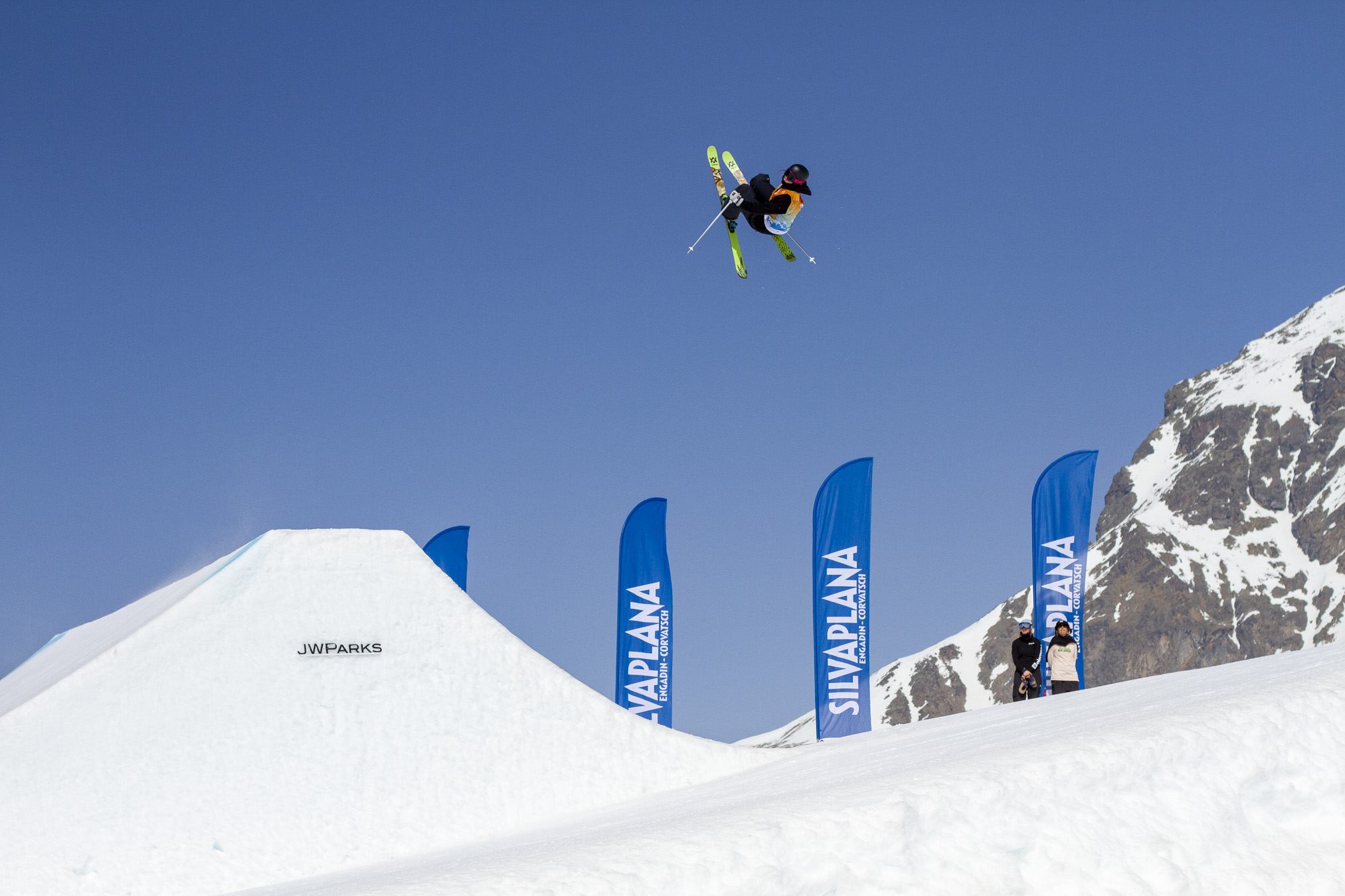 Kirsty Muir competes at the 2022 Freeski World Cup Slopestyle in Corvatsch, Silvaplana, Switzerland