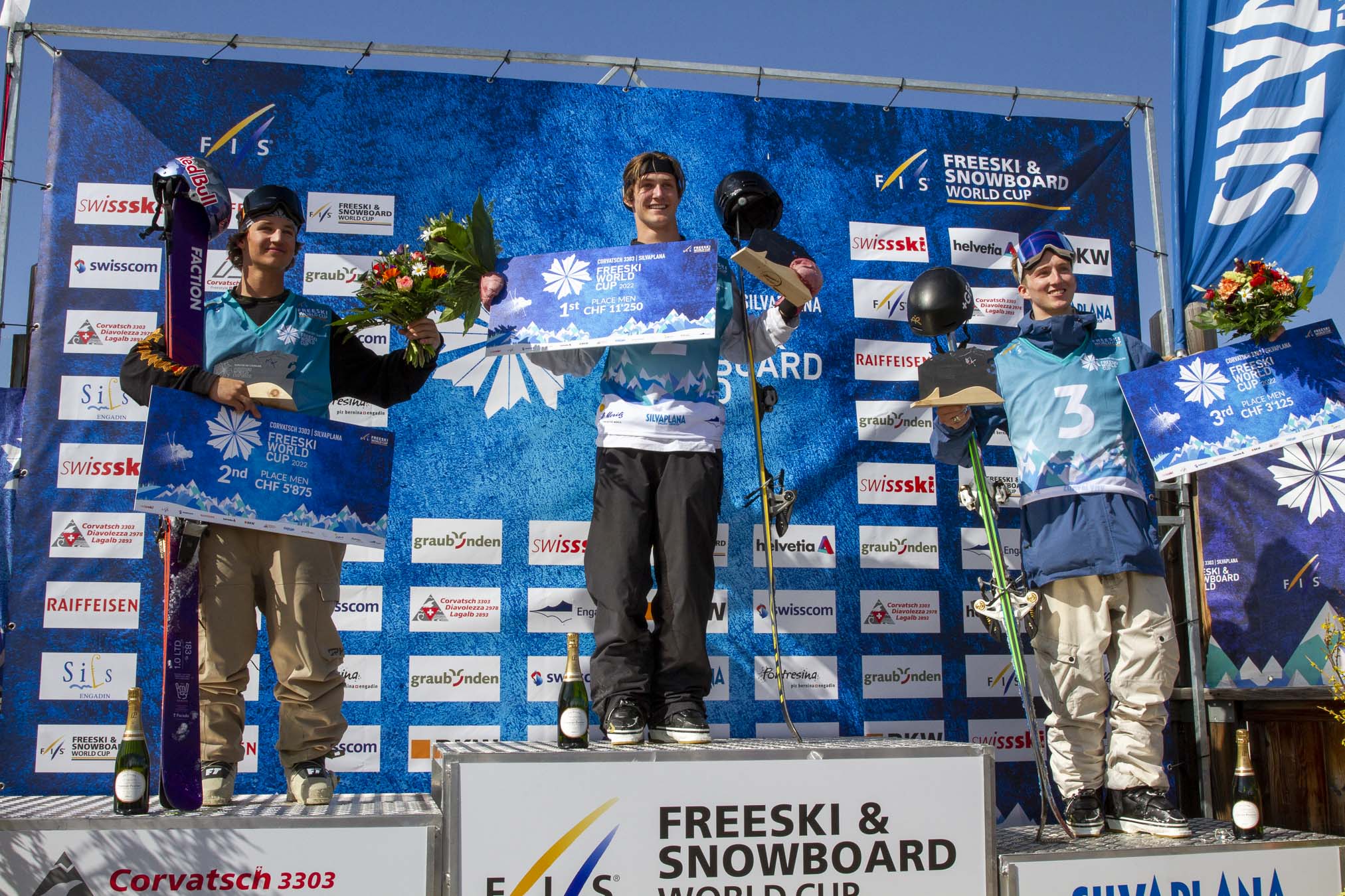 Mens podium at the 2022 Fis World Cup slopestyle in Corvatsch