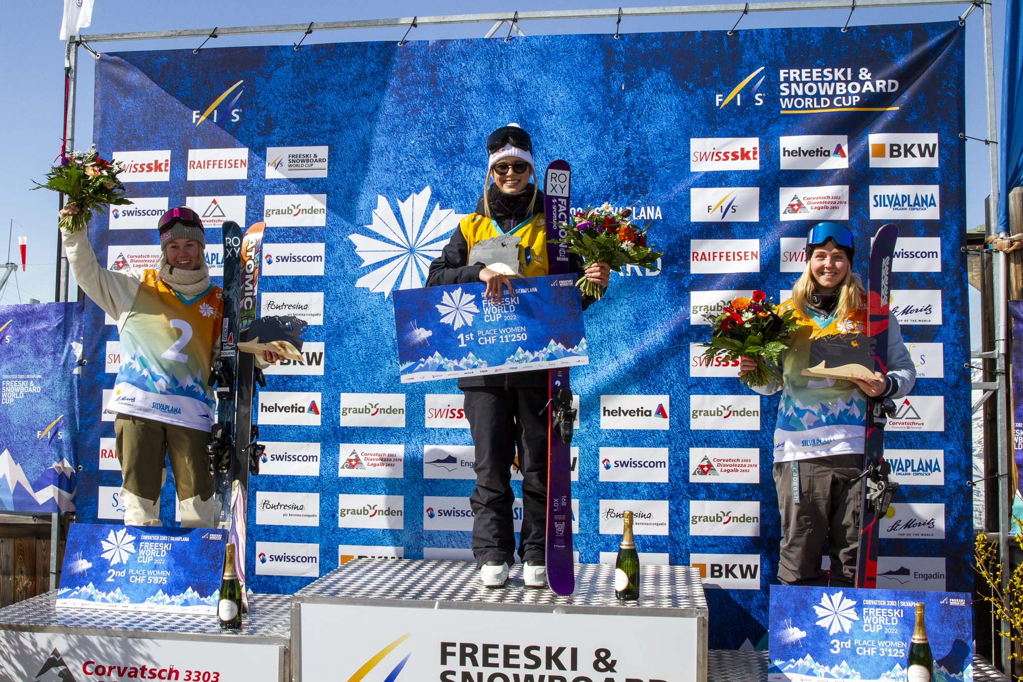 Women's podium at the 2022 Freeski World Cup Slopestyle Corvatsch