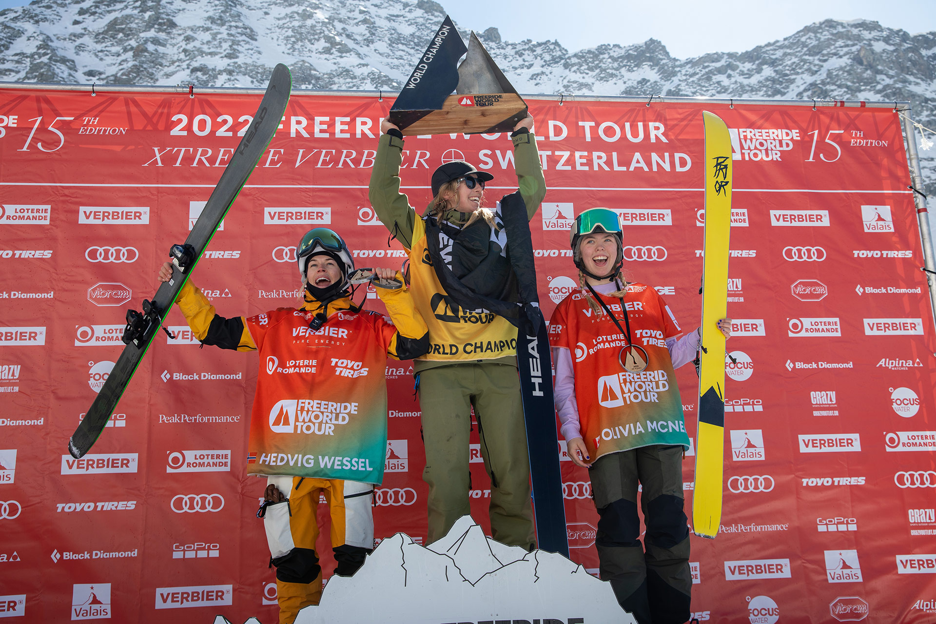 2022 Freeride World Tour Women's Ski Overall podium: Jess Hotter, Hedvig Wessel and Olivia McNeill