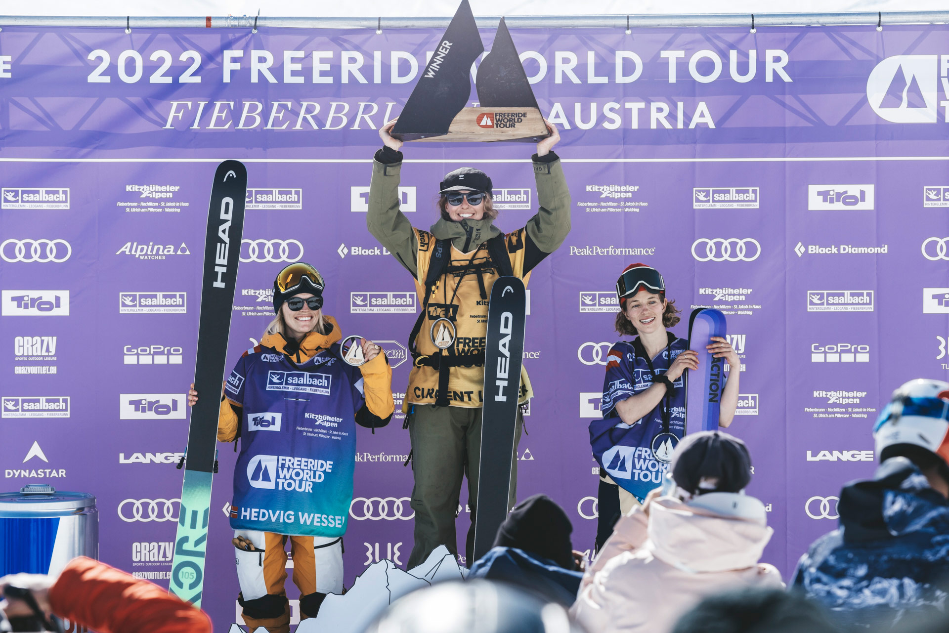 Women's podium at the 2022 Freeride World Tour stop in Fieberbrunn, Austria