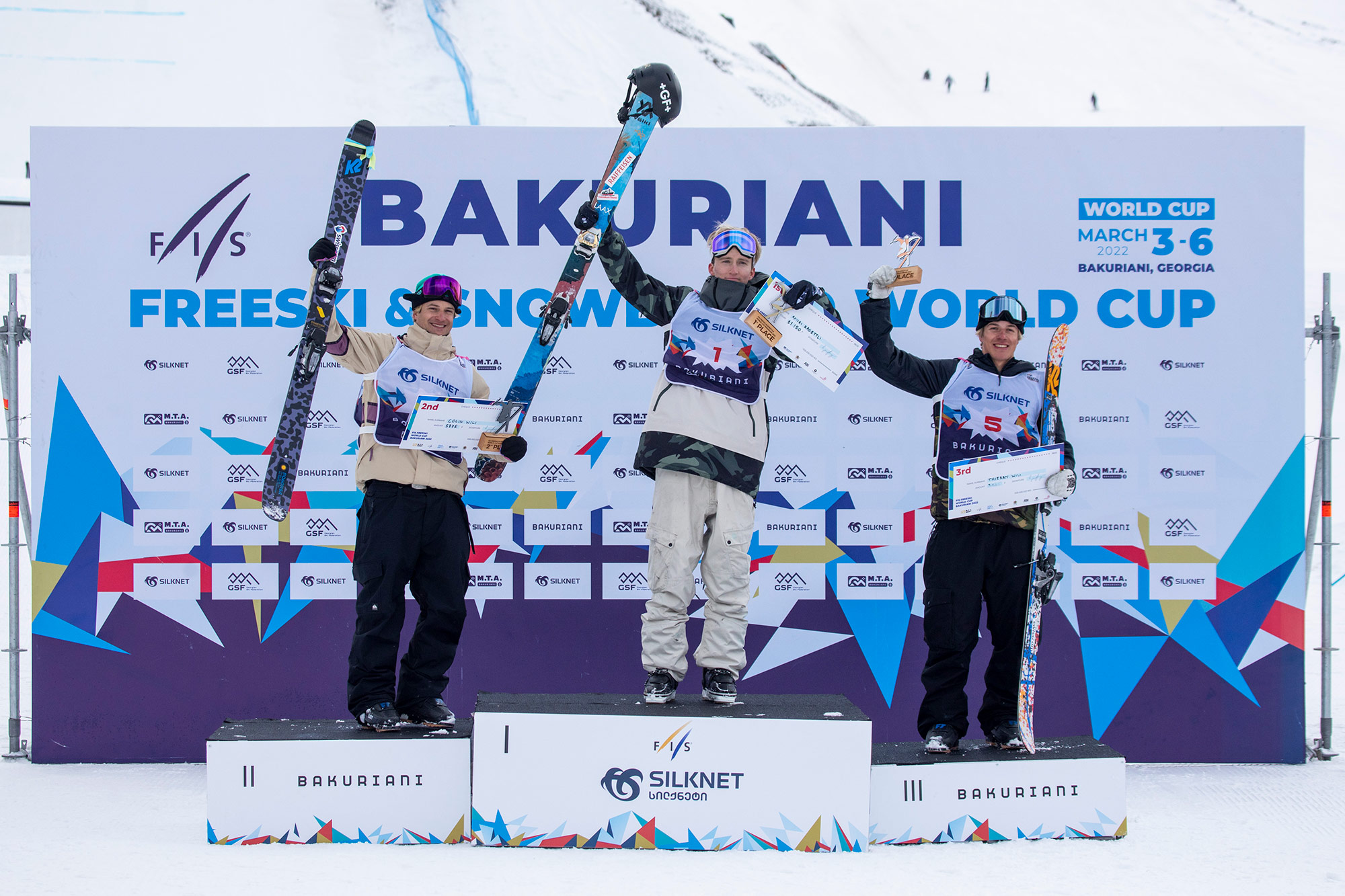 mens podium at the 2022 fis world cup slopestyle in bakuriani georgia