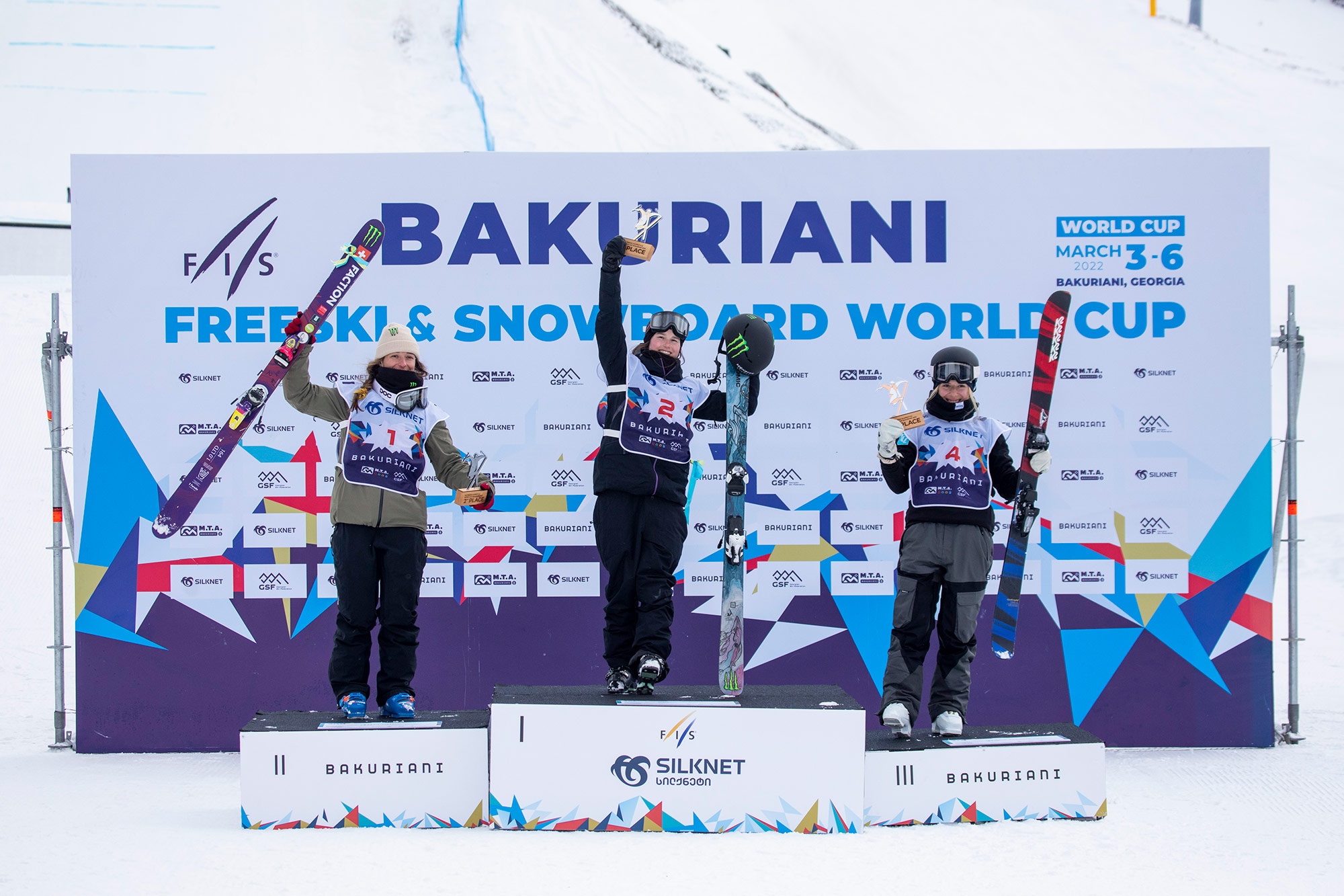 womens podium at the 2022 world cup freeski slopestyle in bakuriani georgia
